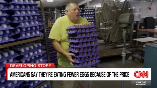 رجل يحمل صناديق بيض في مصنع، وسط قلق متزايد بشأن ارتفاع أسعار البيض بسبب تفشي إنفلونزا الطيور.