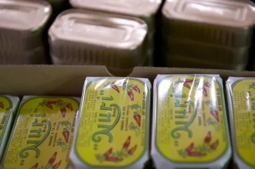 علب سمك معلب ملونة، تشمل علب سردين نوري، موضوعة في صناديق، تعكس تزايد شعبية السمك المعلب في ظل الأوضاع الاقتصادية.