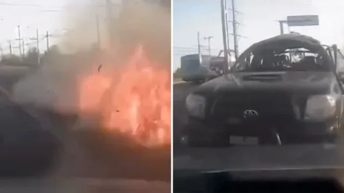 انفجار قوي على طريق سريع في المكسيك يدمر سيارة ويؤدي إلى مقتل شخص يُشتبه في انتمائه لكارتل المخدرات، مما يثير تساؤلات حول تصاعد العنف.