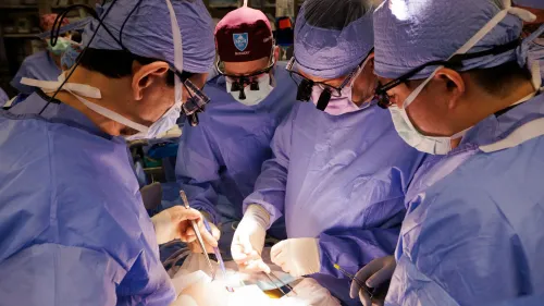 جراحون يرتدون ملابس طبية زرقاء أثناء إجراء عملية زرع كلية خنزير، مما يمثل تقدمًا في زراعة الأعضاء الحيوانية للبشر.