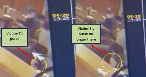 لقطة من كاميرا المراقبة تظهر لحظة سرقة حقيبة ضحية في مطعم، حيث يظهر اللص وهو يختطف الحقيبة قبل مغادرته المكان.