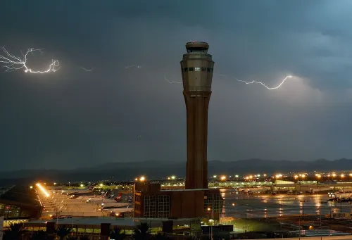 برج مراقبة الطيران في مطار خلال عاصفة رعدية، مع ومضات البرق في السماء، مما يبرز أهمية خدمات الأرصاد الجوية في سلامة الطيران.