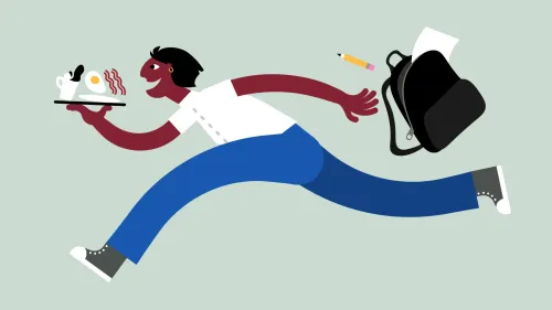 شاب يجري حاملاً صينية بها طعام وسلطة، مع حقيبة مدرسية وقلم في يده، يعكس حياة العمل والتحديات التي تواجه المراهقين.