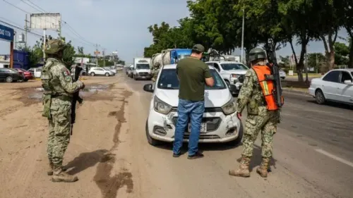 تواجد عناصر من الجيش المكسيكي في نقطة تفتيش، حيث يتحدثون مع سائق سيارة في منطقة ريفية بولاية سينالوا، وسط تصاعد العنف.