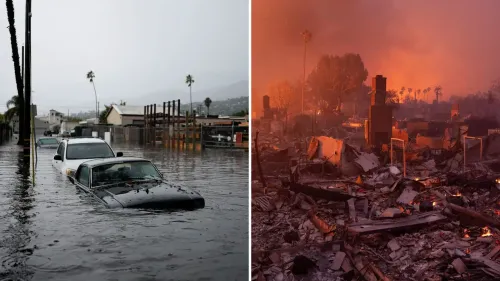 تظهر الصورة آثار الفيضانات في كاليفورنيا، حيث تغمر المياه السيارات في الجانب الأيسر بينما يظهر الدمار الناتج عن حرائق الغابات في الجانب الأيمن.