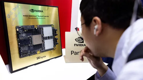 شاب يراقب شريحة معالج Nvidia Grace Blackwell المتطورة لتسريع الذكاء الاصطناعي، مع شعار SK Hynix وكلمة "شراكة" ظاهرة.