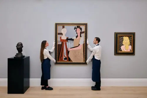 أشخاص يرتدون زيًا رسميًا يقومون بتعليق لوحات فنية في معرض، مع تمثال نصفي على اليسار، مما يعكس نشاط سوق الفن المتراجع.