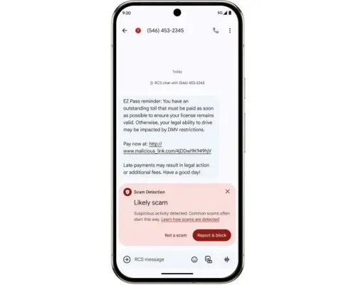 رسالة نصية تحذيرية من تطبيق Google Messages تشير إلى احتمال وجود عملية احتيال، مع رابط مشبوه لدفع رسوم غير مدفوعة.