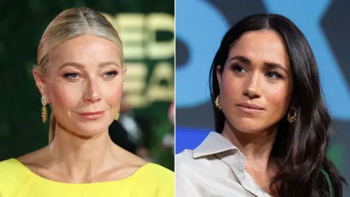 غوينيث بالترو وميغان ماركل في مقطع فيديو يتبادلان التعليقات حول الشائعات، مع تعبيرات وجهية تعكس عدم الفهم، في سياق حديث عن الصداقة.