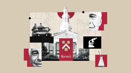 صورة توضح جامعة هارفارد مع تداخل صور جيفري إبشتاين وعالم الأحياء جورج تشيرش، تعكس الروابط المثيرة للجدل بينهما وأبحاث علم الوراثة.