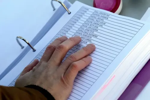 يد تظهر يد شخص تتصفح قائمة بأسماء الناخبين في مجلد، مما يعكس القضايا المتعلقة بالتصويت في نورث كارولينا.