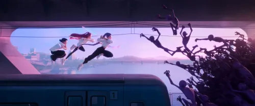 مجموعة من الفتيات الكوريات يقفزن فوق قطار، بينما تتجه نحوهن كائنات مظلمة، في مشهد من فيلم "KPop Demon Hunters".
