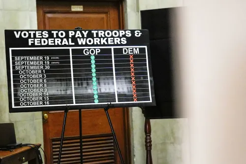 جدول يوضح تواريخ التصويت لدفع رواتب الجنود والموظفين الفيدراليين، مع تحديد النتائج لكل من الحزبين الجمهوري والديمقراطي.
