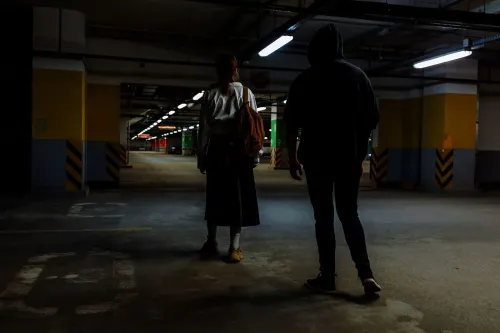 تظهر الصورة شخصين في موقف سيارات مظلم، حيث يقف أحدهما بالقرب من الآخر، مما يعكس مخاطر المواعدة عبر الإنترنت على المراهقين.