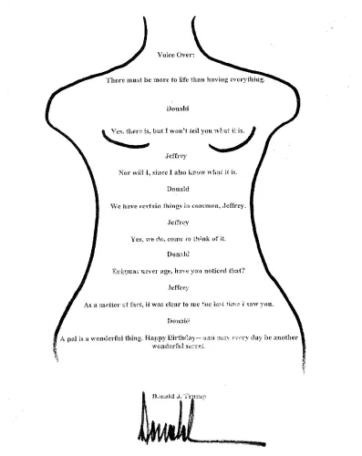 نص مكتوب يُظهر محادثة بين جيفري إبشتاين ودونالد ترامب، مع توقيع ترامب في الأسفل، يتضمن تعليقات حول الحياة والصداقة.