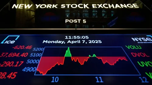 شاشة عرض في بورصة نيويورك تظهر تغيرات مؤشرات الأسهم، مع توقيت 11:55 صباحًا، 7 أبريل 2025، تعكس تأثير الأخبار الكاذبة على السوق.