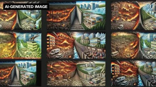 صورة فنية تبرز مشاهد مختلفة من حرائق الغابات، تظهر المباني المحترقة والناس في حالة من الفوضى، تعكس تأثير الكوارث الطبيعية.