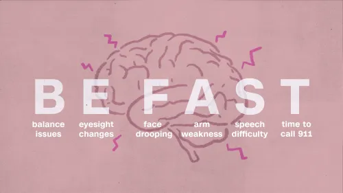 توضح الصورة نصائح للتعرف على علامات السكتة الدماغية، مع التركيز على أهمية سرعة الاستجابة. تشمل العلامات مشاكل التوازن، تغييرات الرؤية، تدلي الوجه، ضعف الذراع، وصعوبة الكلام.