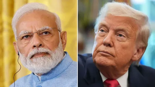 صورة تظهر رئيس وزراء الهند ناريندرا مودي ورئيس الولايات المتحدة السابق دونالد ترامب، مع تعبيرات جادة تعكس التوترات التجارية بين البلدين.
