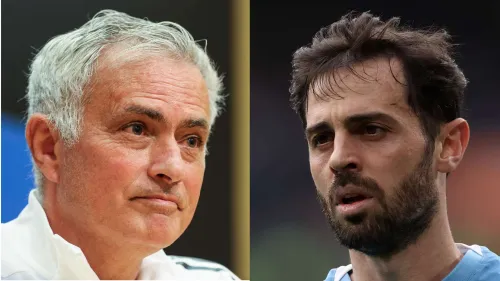 صورة مقربة لمدرب كرة القدم جوزيه مورينيو واللاعب برناردو سيلفا، مع التركيز على العلاقة بينهما بعد انضمام سيلفا إلى ريال مدريد تحت قيادة مورينيو.