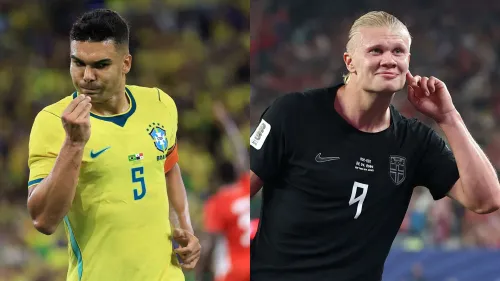 لاعبو منتخب البرازيل والنرويج يحتفلان بأهدافهما في مباراة حاسمة ضمن كأس العالم، مع التركيز على التوتر والتوقعات العالية.