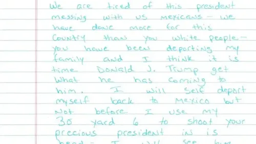 رسالة مكتوبة بخط اليد تتضمن تهديدًا ضد الرئيس ترامب، تعبر عن استياء كاتبها من السياسات المتعلقة بالمهاجرين.