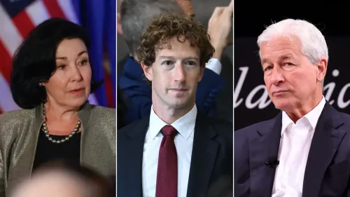 صورة تظهر ثلاثة من كبار رجال الأعمال الأمريكيين، بينهم مارك زوكربيرج وسافرا كاتز وجيمي ديمون، في سياق تأثير سياسات ترامب على الأسواق.