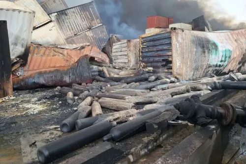 حطام حاويات مدمرة في ميناء بندر عباس بعد انفجار ضخم، مع وجود دخان كثيف في الخلفية، يشير إلى وقوع حادث مأسوي مرتبط بالمواد الكيميائية.