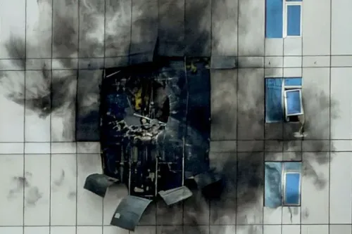 آثار دمار على واجهة مبنى نتيجة هجوم، مع تصاعد الدخان من الفتحة. تعكس الصورة تداعيات الهجمات الإيرانية في المنطقة.