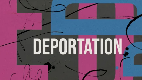 تصميم فني لكلمة "DEPORTATION" يبرز موضوع الترحيل القسري للمهاجرين وسياسات الترحيل الأمريكية المثيرة للجدل.