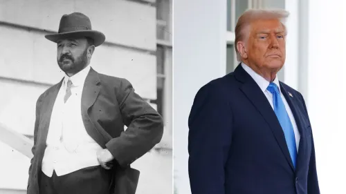 صورة تظهر الرئيس الأمريكي دونالد ترامب بجانب صورة تاريخية لشخصية سياسية قديمة، مع التركيز على التحديات القانونية المتعلقة بإقالات المسؤولين.