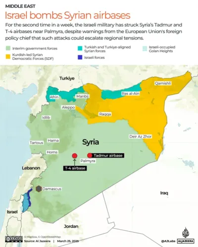 خريطة توضح المواقع العسكرية في سوريا، مع تحديد القواعد الجوية التي تعرضت للقصف الإسرائيلي، وألوان تمثل القوات المختلفة.
