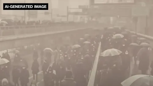 سحب كثيفة من الدخان تغطي العاصمة طوكيو، مع تجمع حشود من الناس تحت المظلات في مشهد يبرز المخاوف من ثوران بركان فوجي.