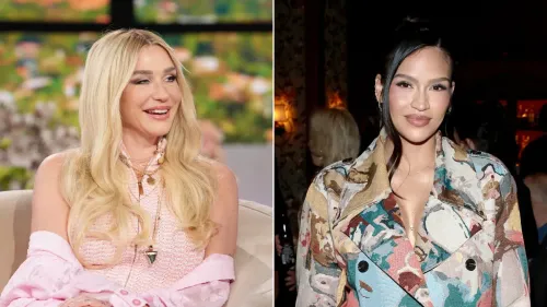 كيشا تظهر مبتسمة في برنامج حواري، بينما كاسي فينتورا ترتدي معطفًا ملونًا في حدث اجتماعي، تعبيرًا عن الدعم المتبادل بينهما.