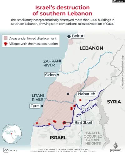 خريطة توضح دمار جنوب لبنان نتيجة القصف الإسرائيلي، مع تحديد مناطق النزوح والقرى الأكثر تضرراً، مما يعكس آثار الحرب.