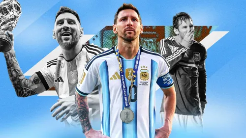 ليونيل ميسي في قميص الأرجنتين مع ميدالية وصور خلفية تبرز مسيرته وإنجازاته في كأس العالم وكوبا أمريكا.