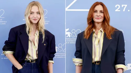 أماندا سيفريد وجوليا روبرتس في مهرجان البندقية السينمائي، ترتديان أزياء متطابقة من تصميم فيرساتشي، مع تفاصيل أنيقة تعكس أسلوبهما الفريد.