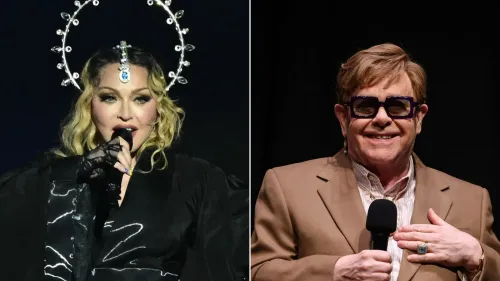 مادونا تؤدي على المسرح مع إطلالة مميزة، بينما يظهر إلتون جون مبتسمًا في حدث آخر، مما يعكس المصالحة بينهما بعد سنوات من الخلاف.