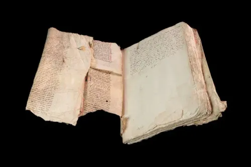 صفحات من مخطوطة نادرة تعود إلى القرون الوسطى، تظهر نصوصًا باللغة الفرنسية القديمة حول قصص ميرلين والملك آرثر، مع تفاصيل تجليد قديمة.