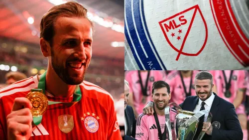 هاري كين يحتفل مع بايرن ميونخ، وشعار دوري MLS، وليونيل ميسي مع ديفيد بيكهام في مشهد يرمز لاحتمال انتقال كين إلى الدوري الأمريكي.