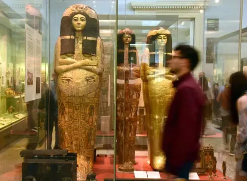 عرض لمومياوات مصرية محنطة في متحف بريطاني، مع زوار يتجولون في المعرض، في سياق دعوات لحظر بيع الرفات البشرية.