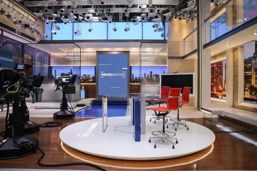 استوديو أخبار حديث مع كاميرات ومعدات بث، يظهر شعار "NEWSNATION" على الشاشة الخلفية، يعكس التوجه نحو التغطية الإخبارية المحلية.