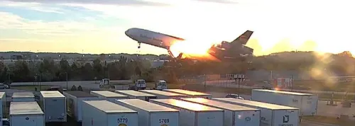 طائرة UPS MD-11F تحلق بشكل غير مستقر بعد انفصال المحرك الأيسر، مع تصاعد النيران والدخان خلفها، في حادث مأساوي بلويزفيل.