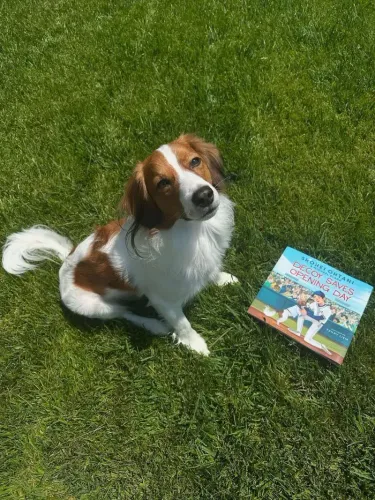 ديكوي، كلب كويكرهوندجي، يجلس بجوار كتابه "ديكوي ينقذ يوم الافتتاح"، مستعرضًا غلافه الملون في العشب الأخضر.