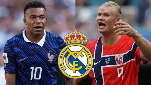 كيليان مبابي وهالاند مع شعار ريال مدريد، يعكسان نقاش انتقالات الفريق والتحديات التكتيكية بين النجوم في موسم 2024.