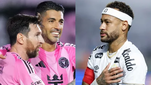 ليونيل ميسي ولويس سواريز يحتفلان معاً بقميص إنتر ميامي، ونيمار يظهر بزي سانتوس، في سياق حديث عن انتقالات نجوم كرة القدم إلى الدوري الأمريكي MLS.