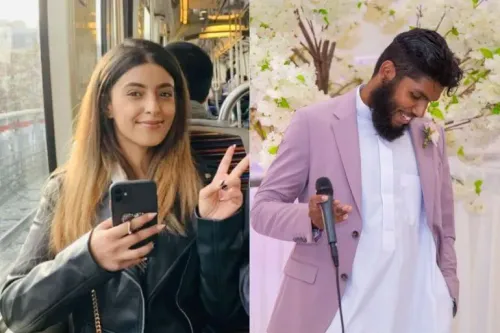 صورة لشاب وفتاة، حيث تظهر الفتاة مبتسمة وتمسك بهاتفها، بينما الشاب يرتدي بدلة رسمية ويبدو في لحظة تأمل.