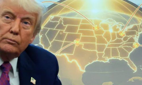 مخطط يوضح نظام الدفاع الصاروخي "القبة الذهبية" مع صورة لدونالد ترامب، مشيرًا إلى التهديدات المحتملة على الولايات المتحدة.