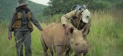 يظهر حارسان للحياة البرية وهما يعتنيان بقرة وحيدة القرن في بيئة طبيعية، مما يعكس التحديات التي يواجهها الحراس في حماية الأنواع المهددة.