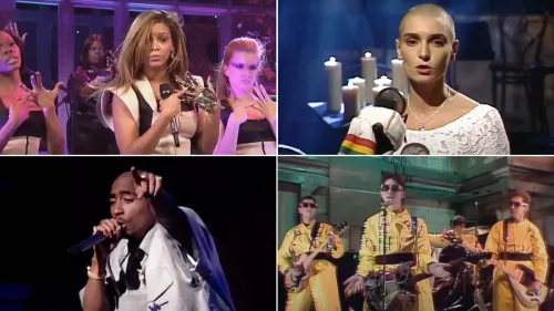 تضمن الصورة مجموعة من الفنانين على مسرح "ساترداي نايت لايف"، مبرزين لحظات موسيقية مشهورة في تاريخ البرنامج.